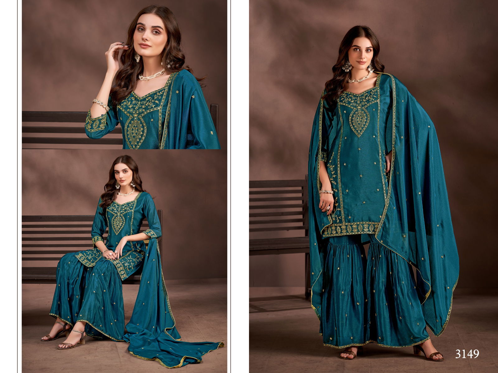 D 3148 To 3150 By Ladies Flavour Chinon Embroidery Readymade Suits Wholesale Online